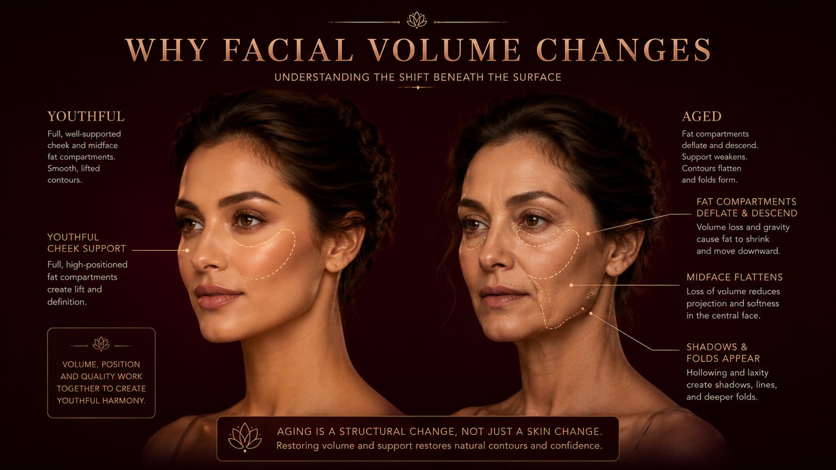 Illustration titled Why Facial Volume Changes comparing a youthful face with full, well-supported cheek and midface fat compartments to an aged face where those compartments deflate and descend, flattening the cheeks and creating shadows and folds.