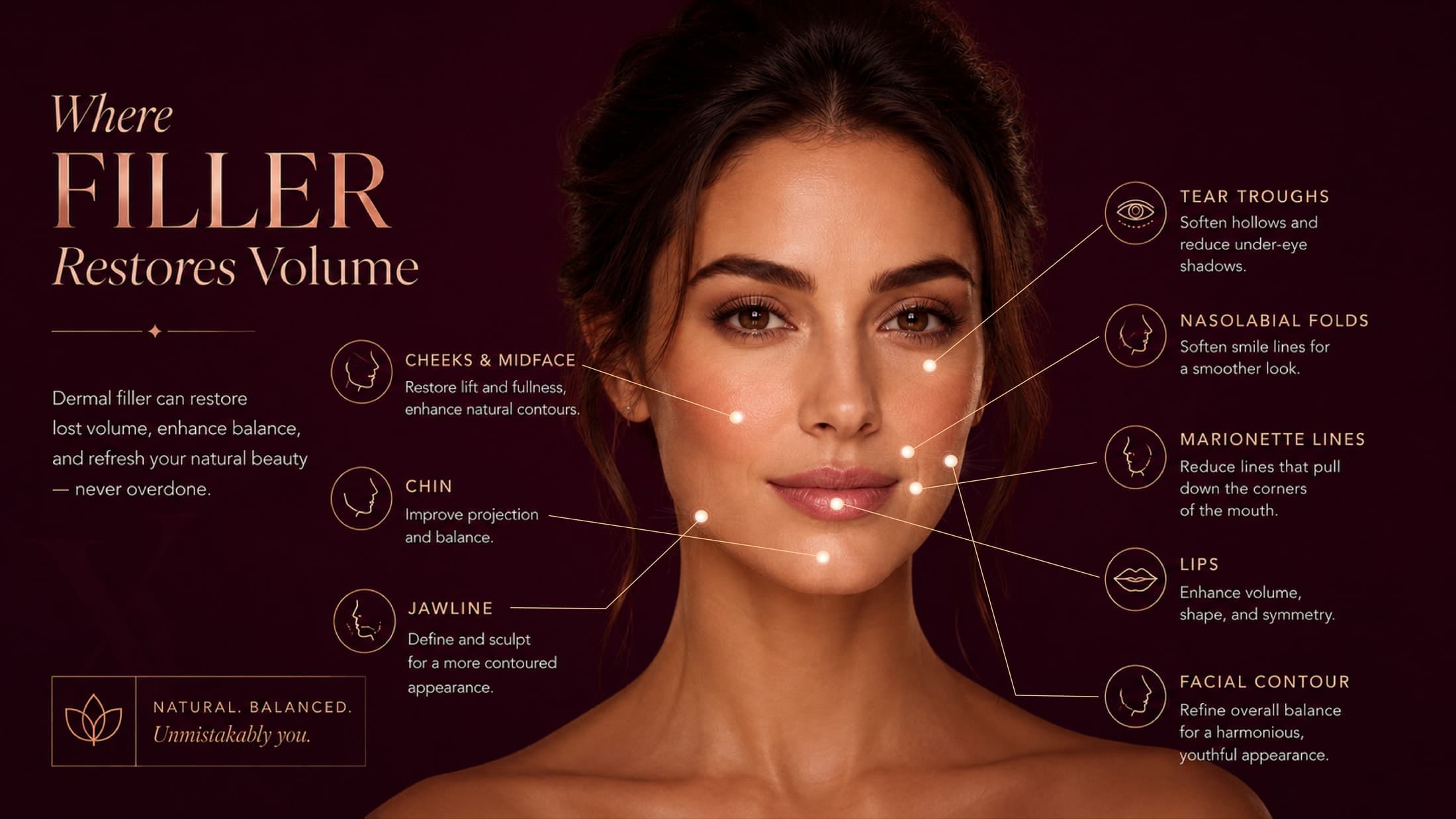 Face map titled Where Filler Restores Volume, marking the common dermal-filler zones: cheeks and midface, tear troughs, chin, jawline, nasolabial folds, marionette lines, lips, and facial contour.