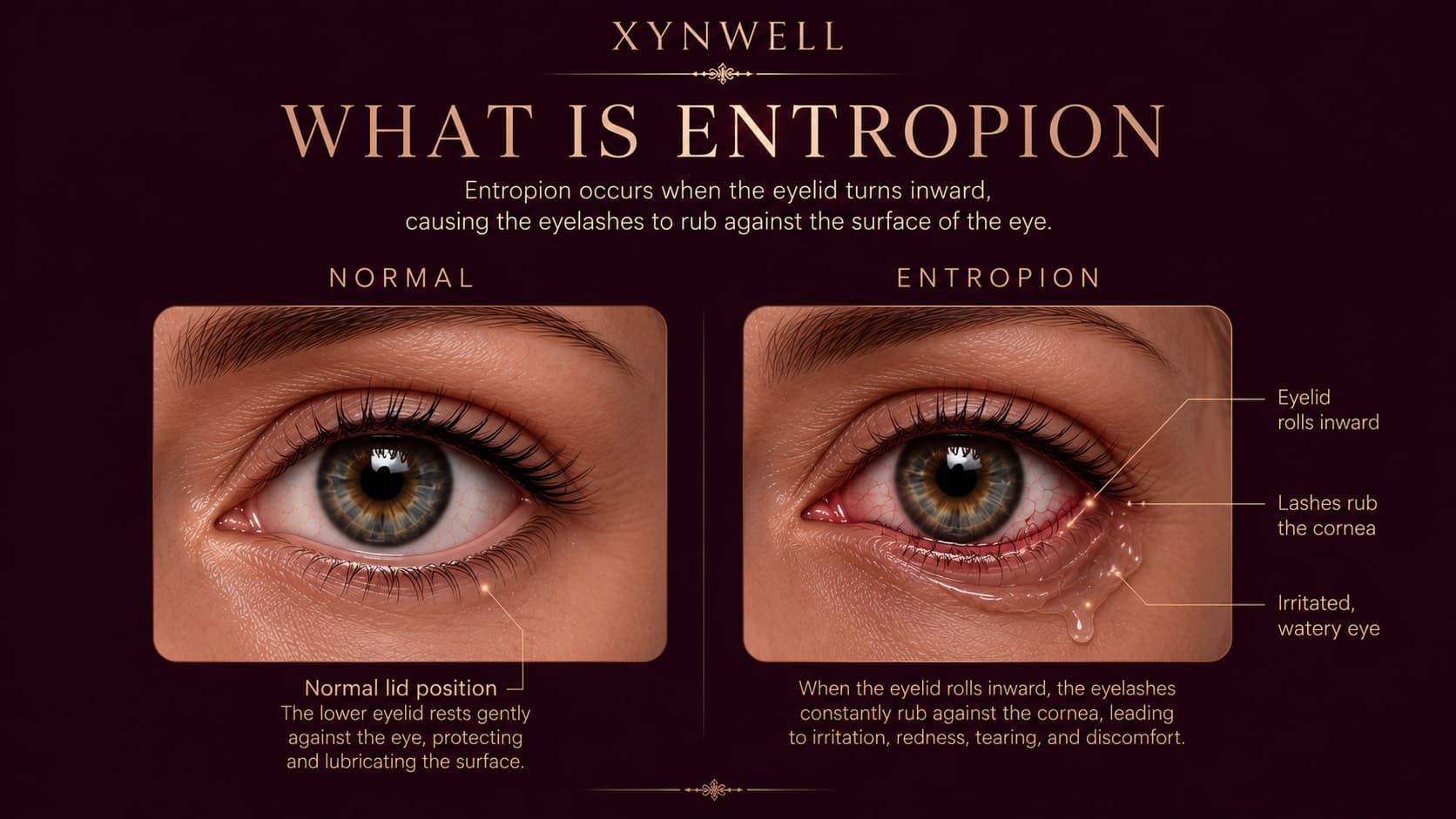 Illustration titled What Is Entropion comparing a normal lower eyelid resting gently against the eye with an entropion eyelid rolling inward so the eyelashes rub against the cornea, causing an irritated, red, watery eye.