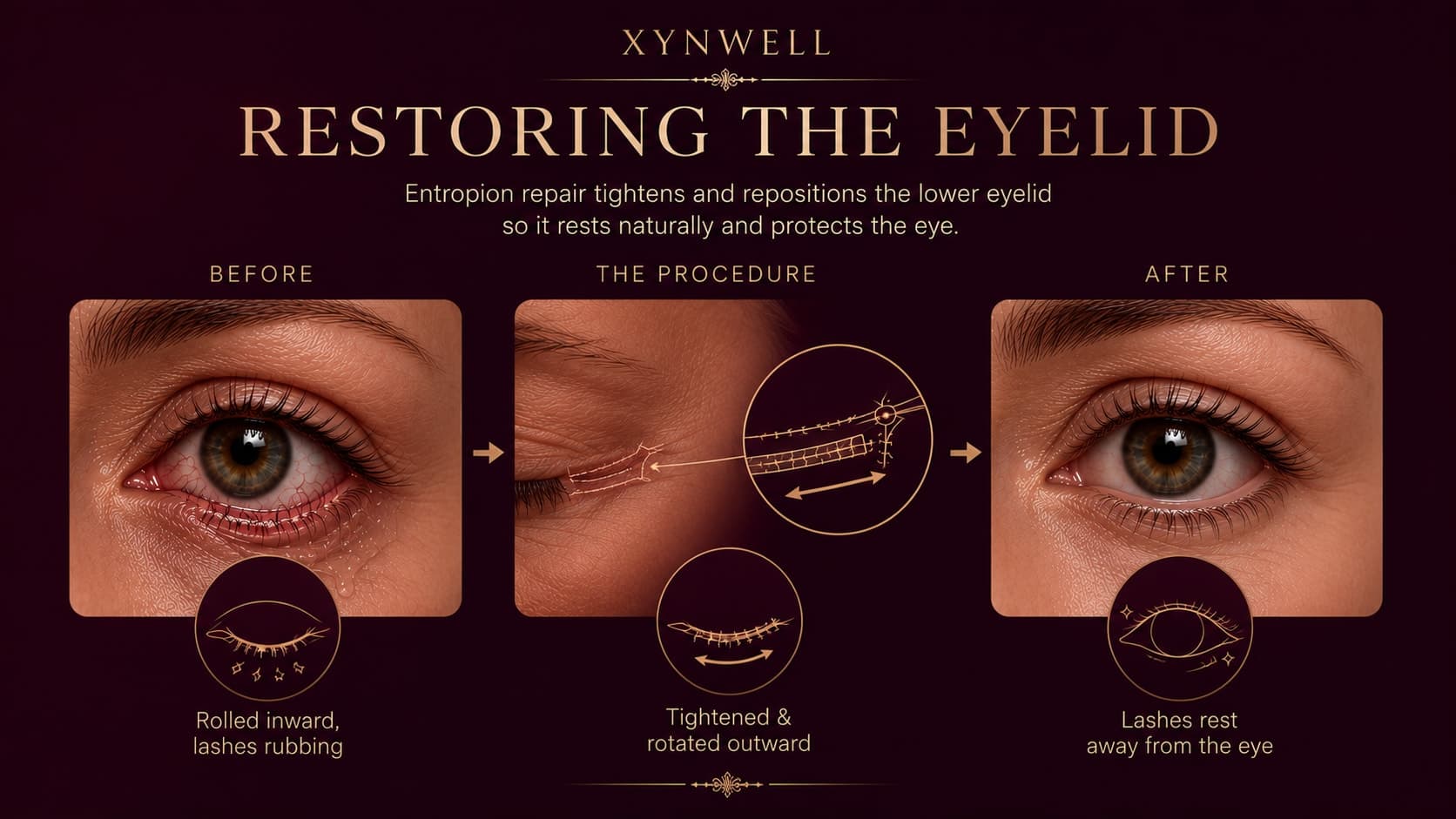 Illustration titled Restoring the Eyelid showing entropion repair in three steps: the lower eyelid rolled inward with lashes rubbing before; the eyelid tightened and rotated outward during the procedure; and afterward the lashes resting away from the eye.