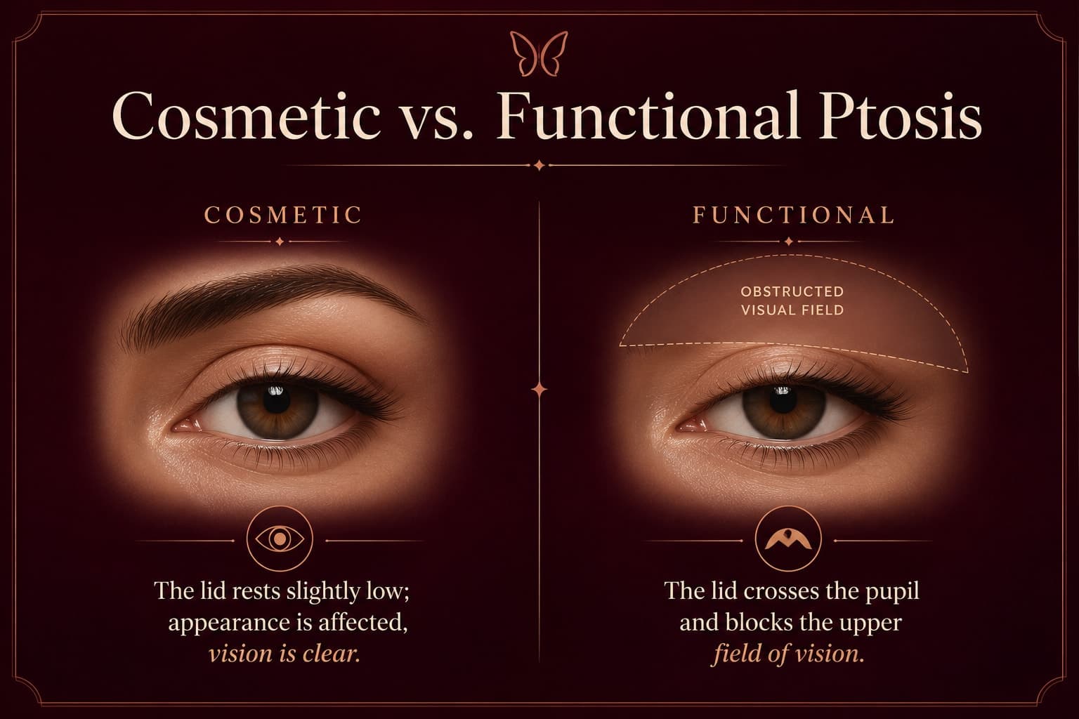 Illustration titled Cosmetic vs. Functional Ptosis, comparing a slightly lowered upper eyelid that affects appearance only with an eyelid drooping across the pupil and blocking part of the upper visual field.