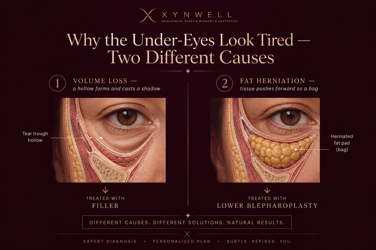 Illustration titled Why the Under-Eyes Look Tired — Two Different Causes, comparing volume loss in the tear trough, which is treated with filler, against fat herniation forming under-eye bags, which is treated with lower blepharoplasty.