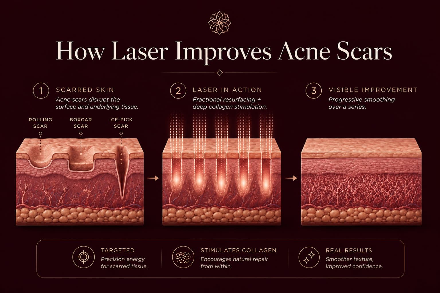 Illustration titled How Laser Improves Acne Scars showing a cross-section of rolling, boxcar, and ice-pick acne scars, then fractional cold fiber laser resurfacing and new collagen formation gradually smoothing the scarred surface.