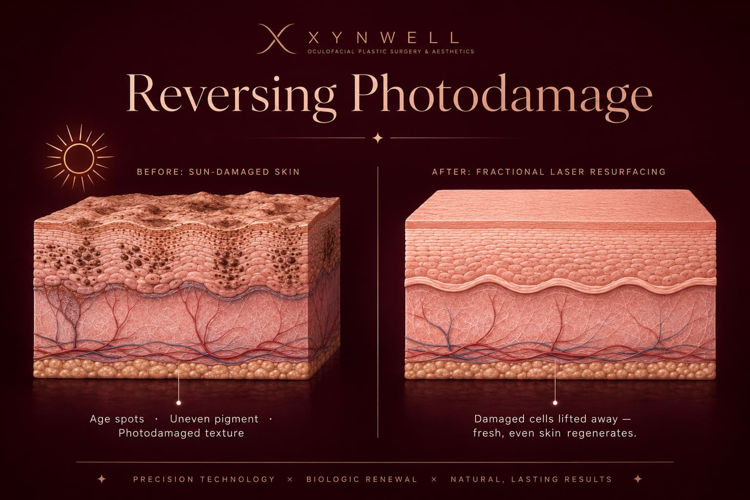 Illustration titled Reversing Photodamage showing sun-damaged skin with age spots and uneven pigment being resurfaced by fractional cold fiber laser, with fresh, evenly toned skin regenerating in its place.