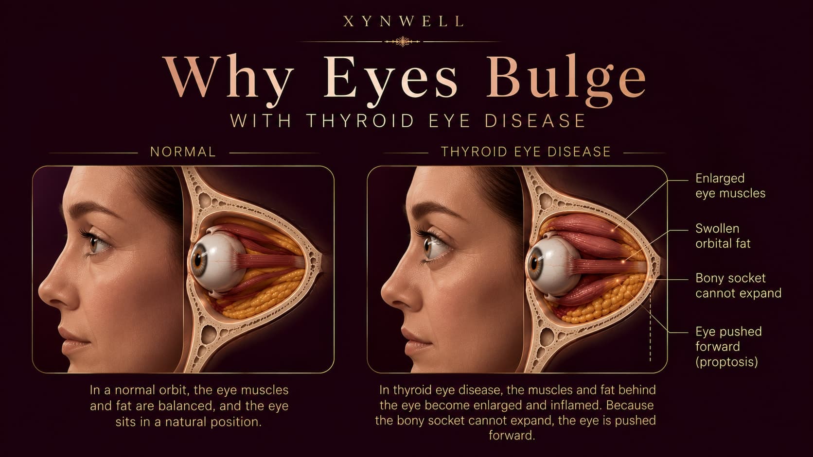 Illustration titled Why Eyes Bulge with Thyroid Eye Disease comparing a normal eye socket, where the muscles and fat are balanced and the eye sits naturally, with a thyroid-eye-disease socket where enlarged eye muscles and swollen orbital fat, unable to expand within the bony socket, push the eye forward (proptosis).