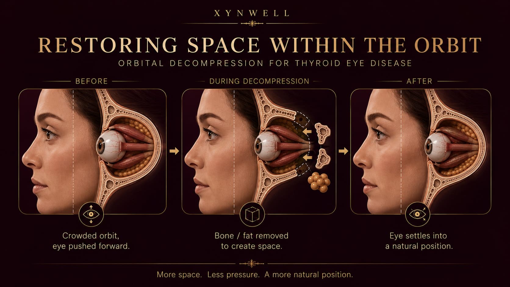 Illustration titled Restoring Space Within the Orbit showing orbital decompression in three steps: a crowded orbit with the eye pushed forward before; carefully selected bone and fat removed to create space during decompression; and afterward the eye settling into a more natural position with pressure relieved.