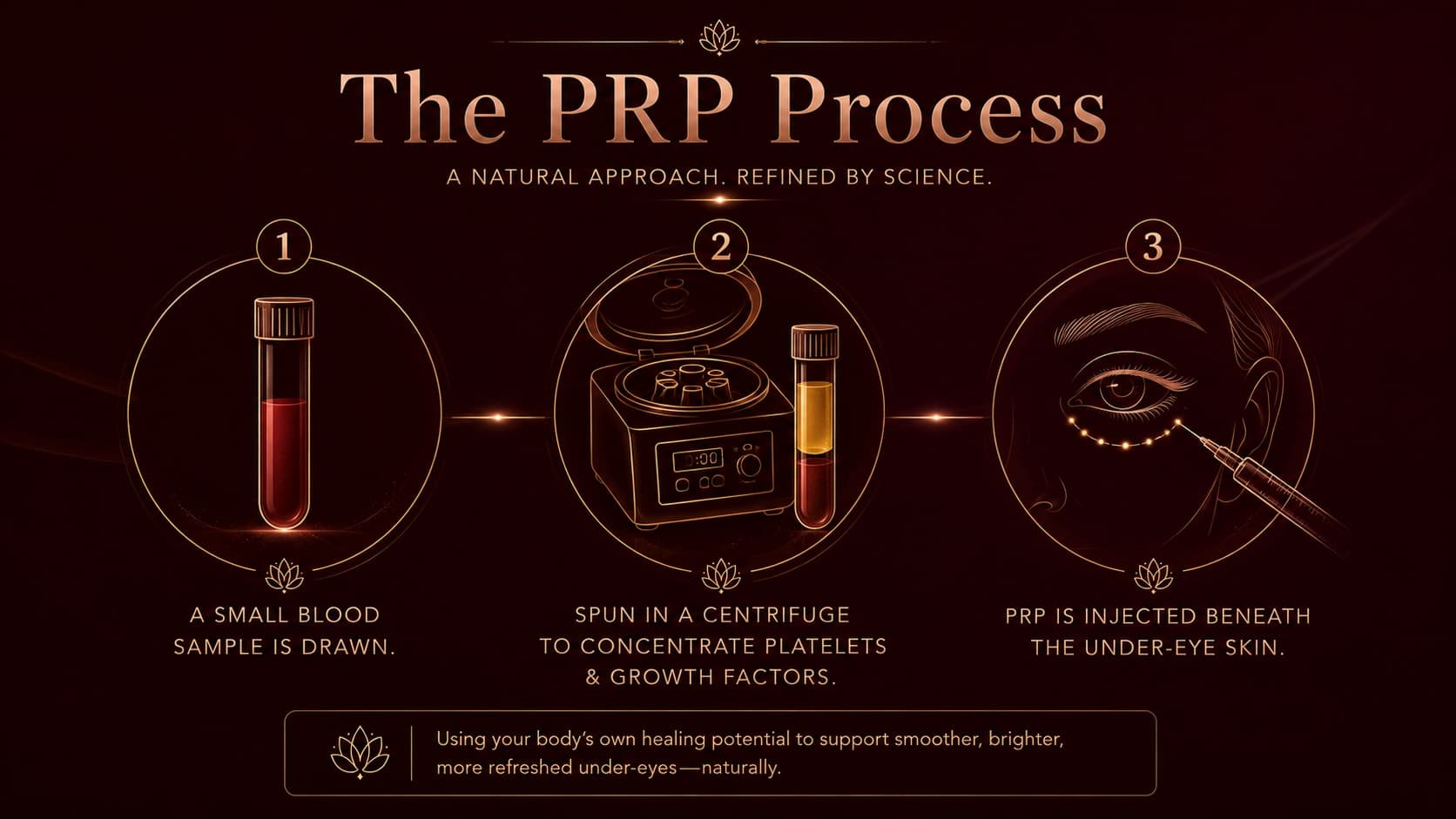 Illustration titled The PRP Process showing three steps: a small blood sample is drawn, spun in a centrifuge to concentrate platelets and growth factors into golden platelet-rich plasma, and then injected beneath the under-eye skin.