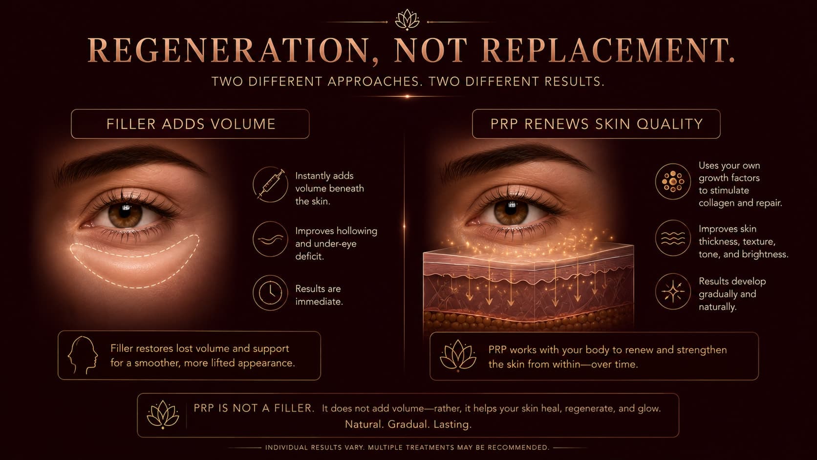 Illustration titled Regeneration, Not Replacement contrasting dermal filler that adds structural volume beneath the under-eye with PRP that uses your own growth factors to renew skin quality, texture, and brightness rather than adding bulk.