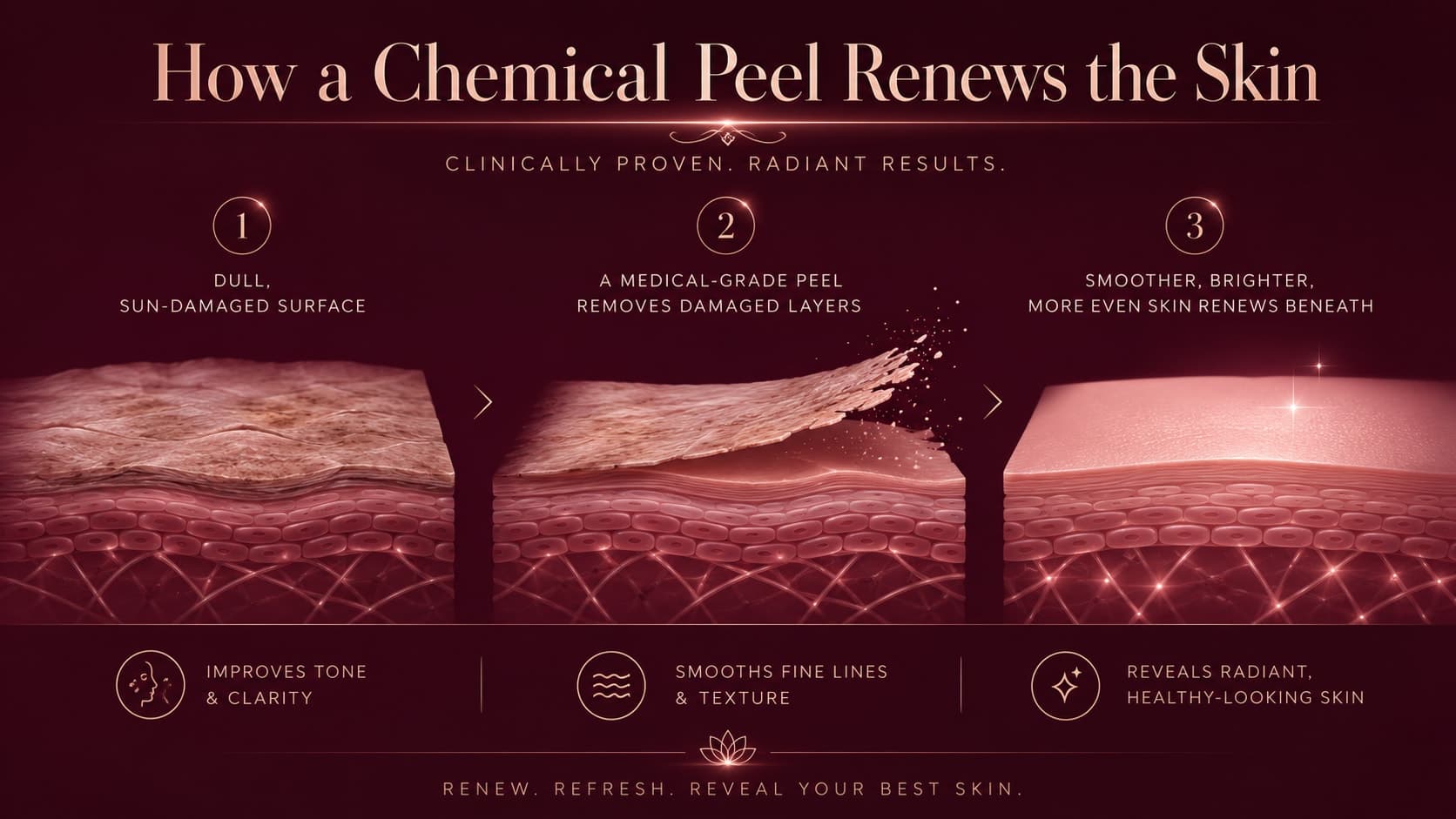 Illustration titled How a Chemical Peel Renews the Skin showing three stages: dull, sun-damaged outer skin; a controlled medical-grade peel removing the damaged surface layers; and smoother, brighter, more even skin regenerating beneath.