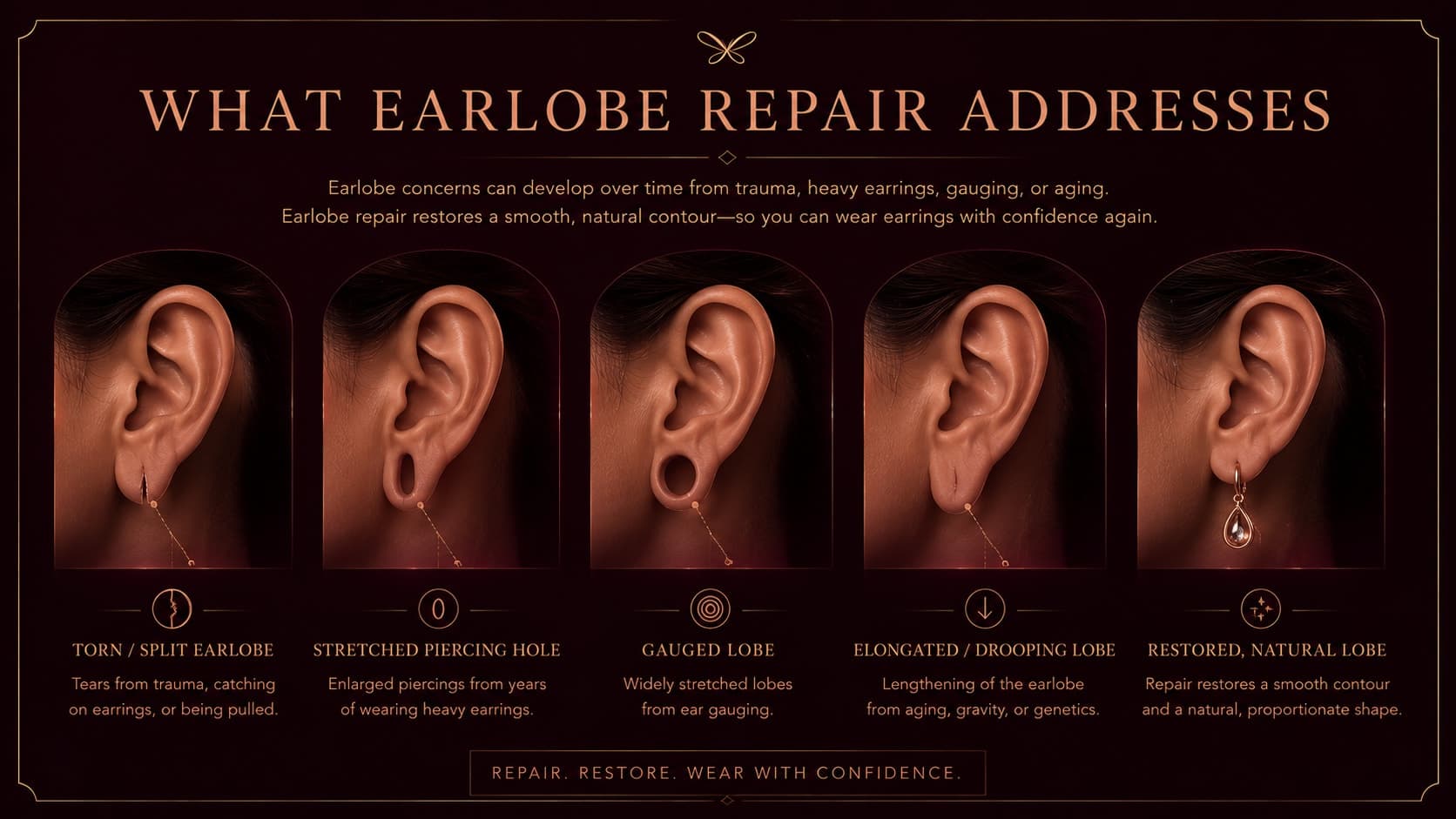 Illustration of common earlobe concerns side by side — a torn or split earlobe, a stretched piercing hole, a gauged lobe, and an elongated or drooping lobe — alongside a restored, natural earlobe.