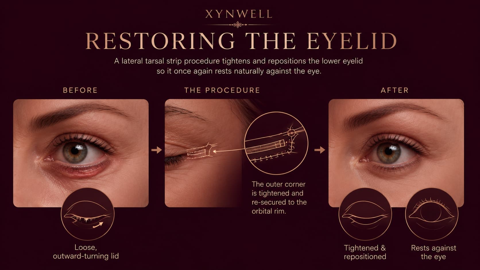 Illustration titled Restoring the Eyelid showing a lateral tarsal strip procedure in three steps: a loose, outward-turning lower eyelid before; the outer corner tightened and re-secured to the orbital rim; and the eyelid afterward resting snugly against the eye.