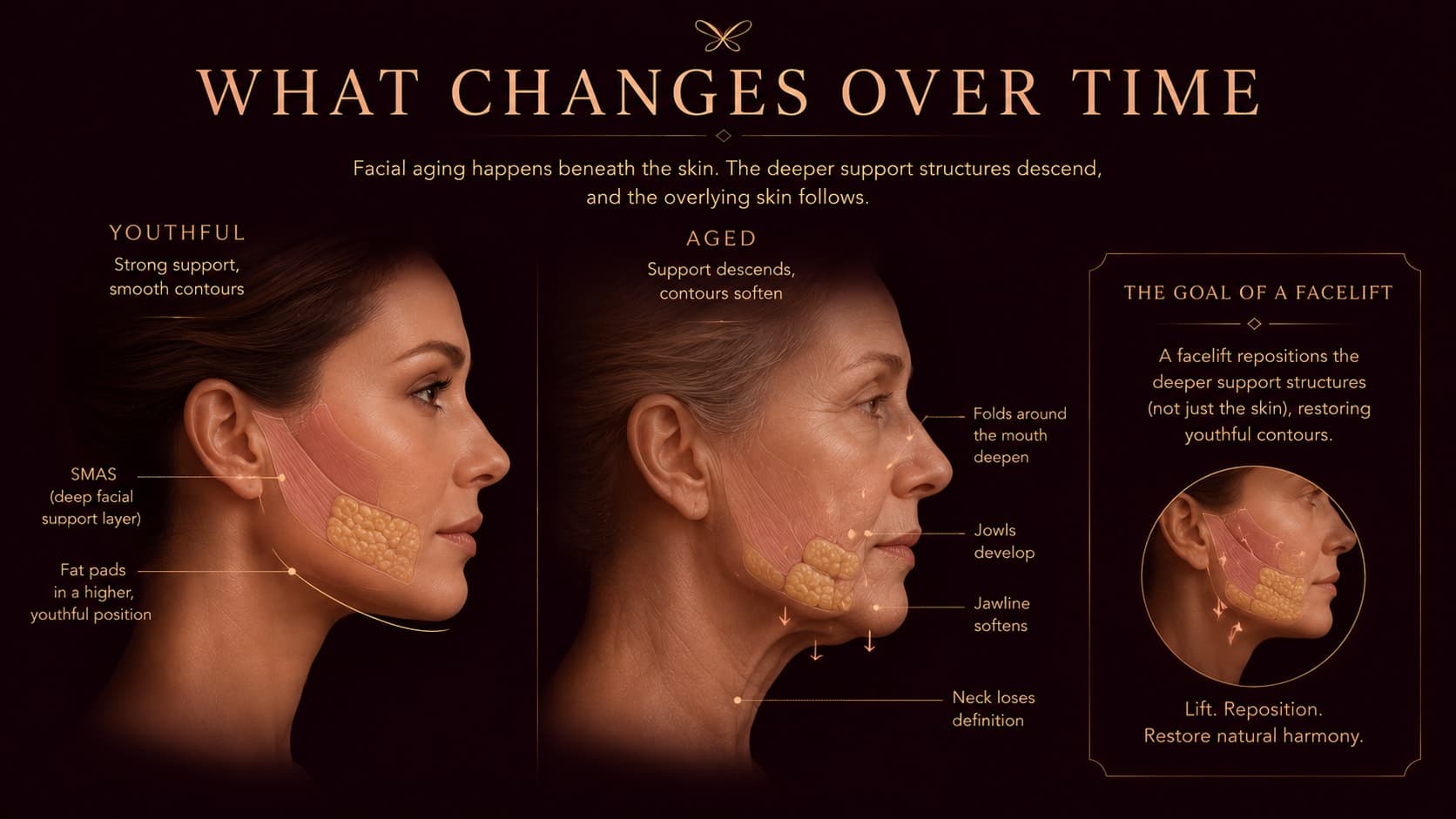 Illustration titled What Changes Over Time — a youthful face with strong deep support and smooth contours beside an aged face where the deeper support and fat pads have descended, causing folds, jowls, and neck laxity, with a note that a facelift repositions the deeper structures to restore youthful contours.