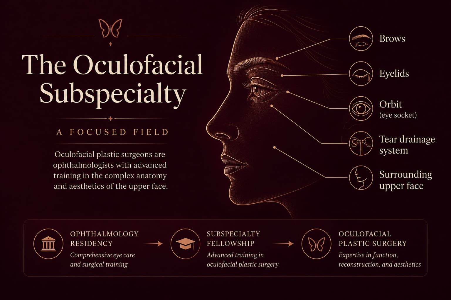 Illustration titled The Oculofacial Subspecialty — A Focused Field, labeling the regions an oculofacial plastic surgeon treats — the eyelids, brows, orbit, tear drainage system, and surrounding upper face — alongside the training path from ophthalmology residency to fellowship training focused exclusively on these structures.