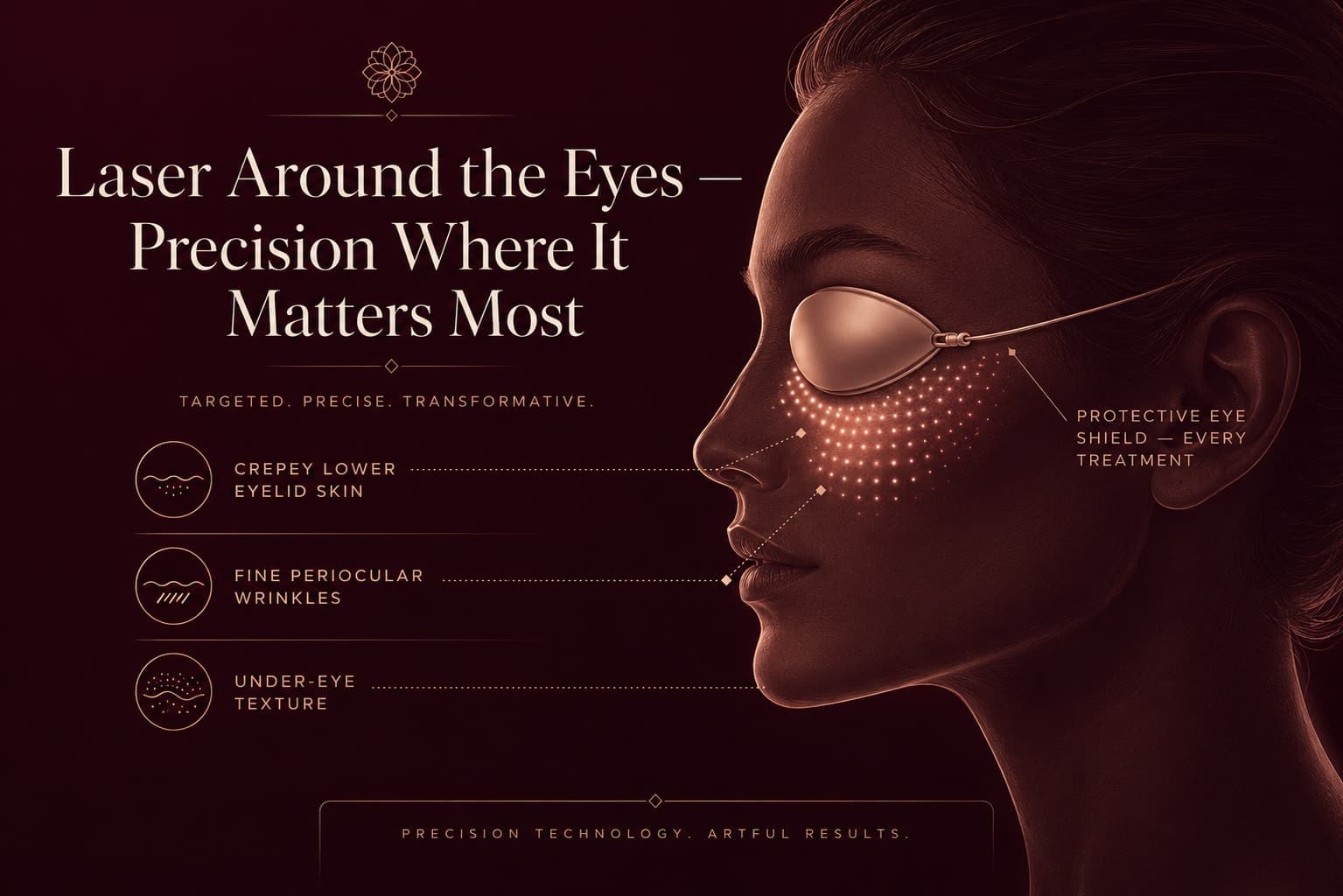 Illustration titled Laser Around the Eyes showing how fractional cold fiber laser resurfacing improves crepey lower eyelid skin, fine periocular wrinkles, and under-eye texture while protective eye shields keep the eye safe.