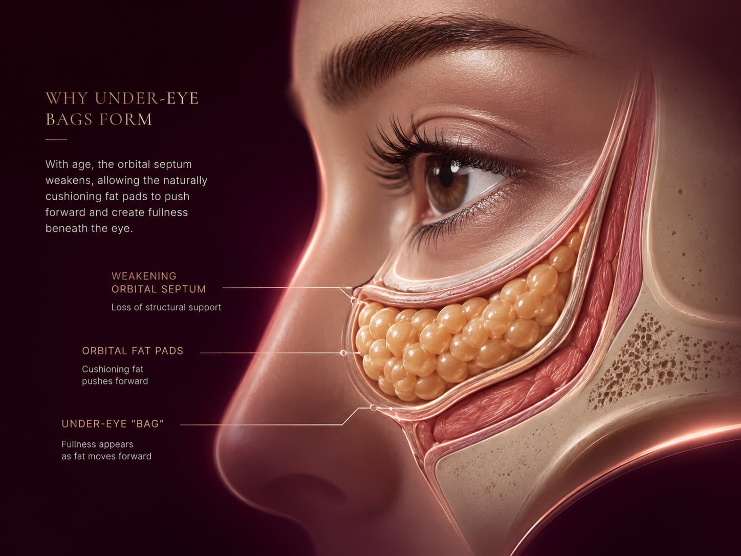 Cross-section illustration of the lower eyelid showing how a weakening orbital septum lets cushioning fat pads push forward to form an under-eye bag.
