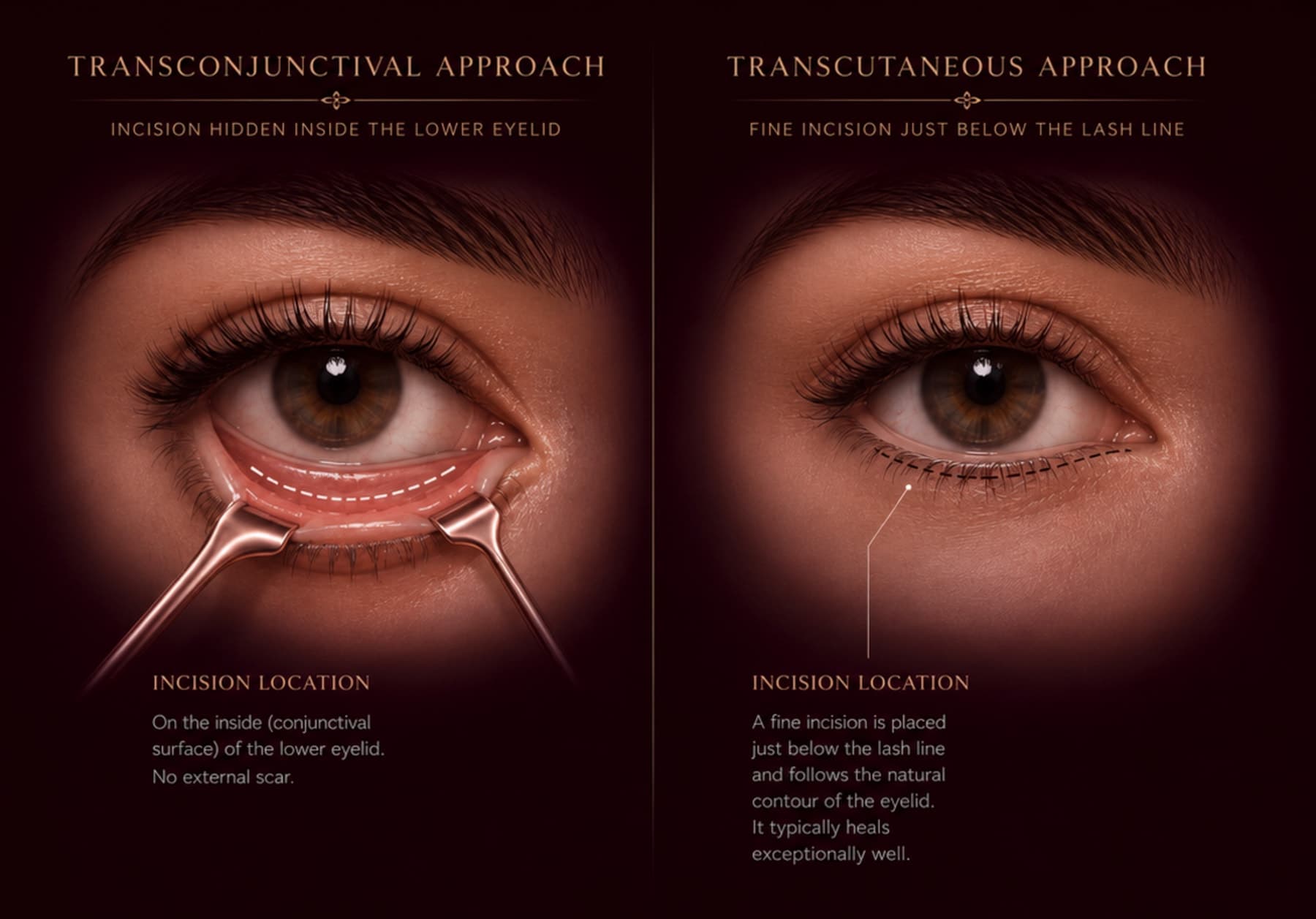 Side-by-side comparison of the two approaches: the transconjunctival approach places the incision inside the lower eyelid with no external scar, while the transcutaneous approach uses a fine incision just below the lash line.