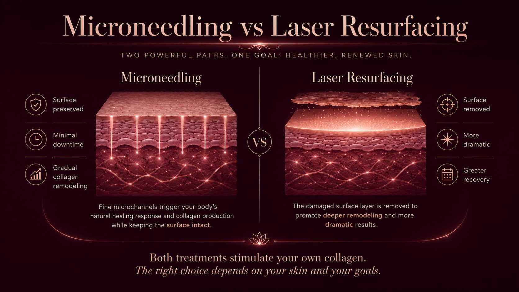 Comparison illustration titled Microneedling vs Laser Resurfacing showing microneedling creating microchannels while preserving the skin surface for minimal downtime, beside laser resurfacing removing the damaged surface for deeper remodeling with greater recovery.