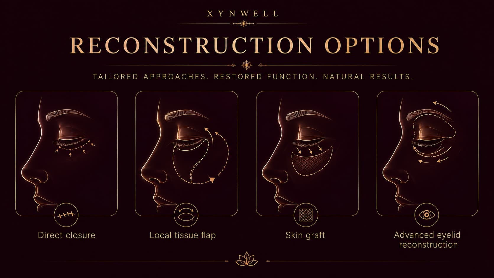 Illustration titled Reconstruction Options with four elegant line-art panels: direct closure, local tissue flap, skin graft, and advanced eyelid reconstruction — the reconstructive approaches selected to the size and location of the defect.