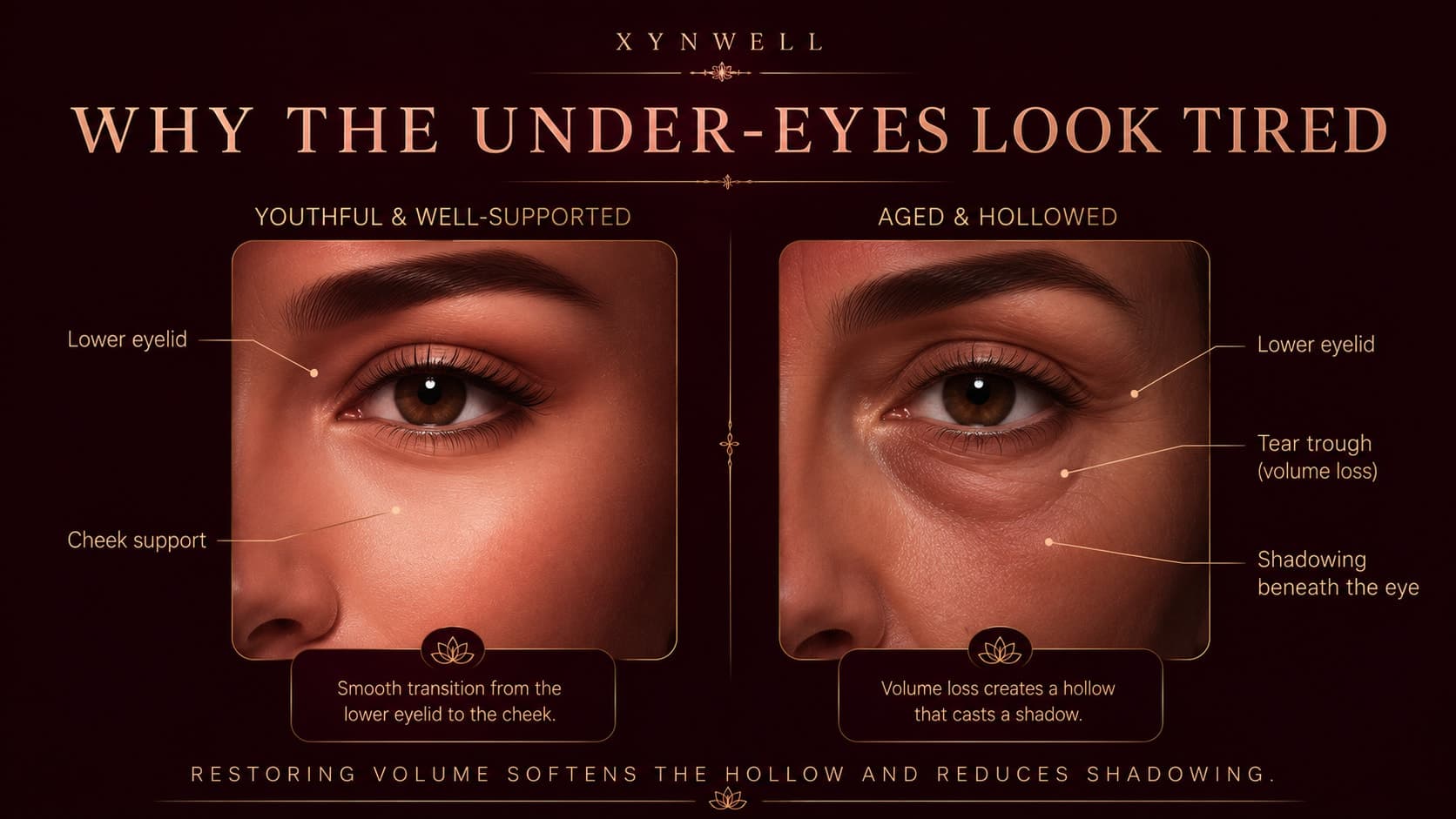 Illustration titled Why the Under-Eyes Look Tired comparing a youthful, well-supported under-eye with a smooth transition from lower eyelid to cheek, and an aged, hollowed under-eye where tear-trough volume loss casts a shadow beneath the eye.