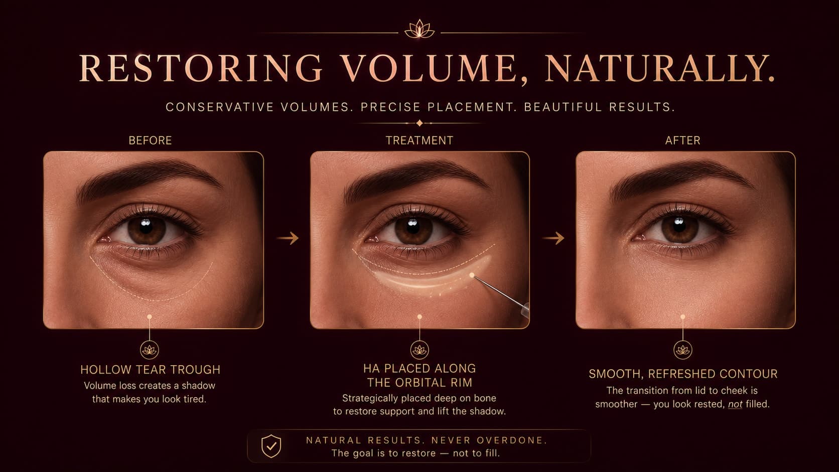 Illustration titled Restoring Volume, Naturally showing tear trough filler in three steps: a hollow tear trough that casts a shadow; hyaluronic acid placed deep along the orbital rim to restore support and lift the shadow; and afterward a smooth, refreshed contour that looks rested, not filled.